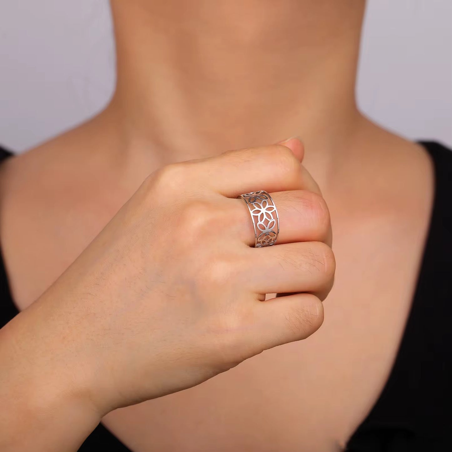 Gold Plated Stainless Steel Ring -  Hollow Flower