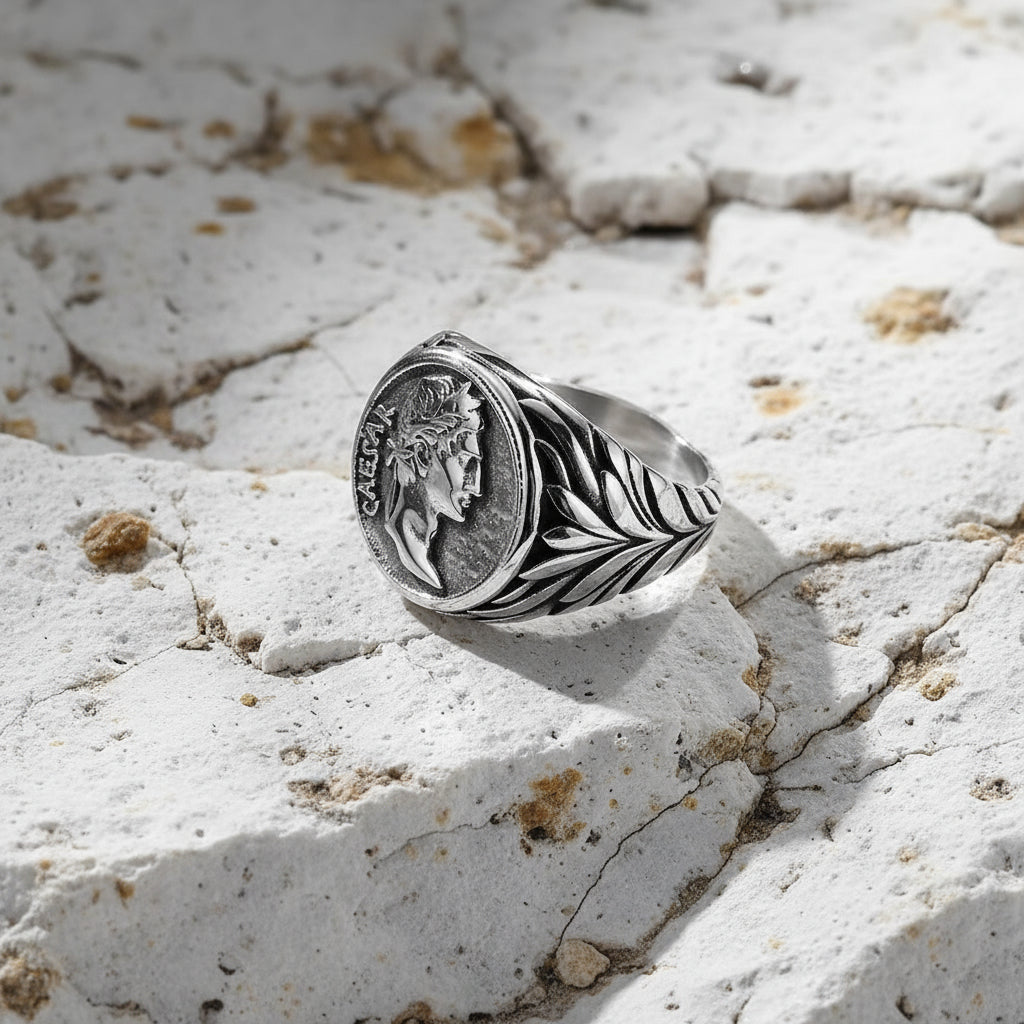 Ein versilberter Edelstahlring mit einem detaillierten Design und einer geprägten Caesar-Münze als Mittelstück, präsentiert auf weißem Untergrund.