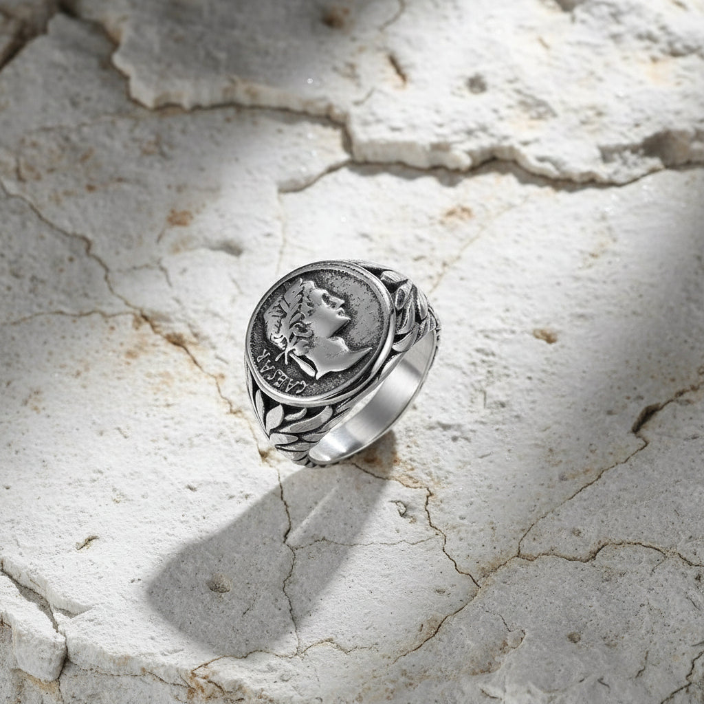 Ein versilberter Edelstahlring mit einem detaillierten Design und einer geprägten Caesar-Münze als Mittelstück, präsentiert auf weißem Untergrund.