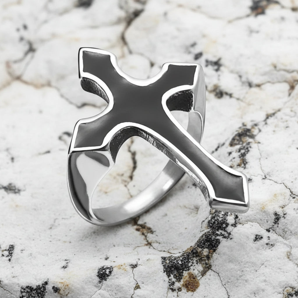 Silver Plated Stainless Steel Ring Unisex -  Cross